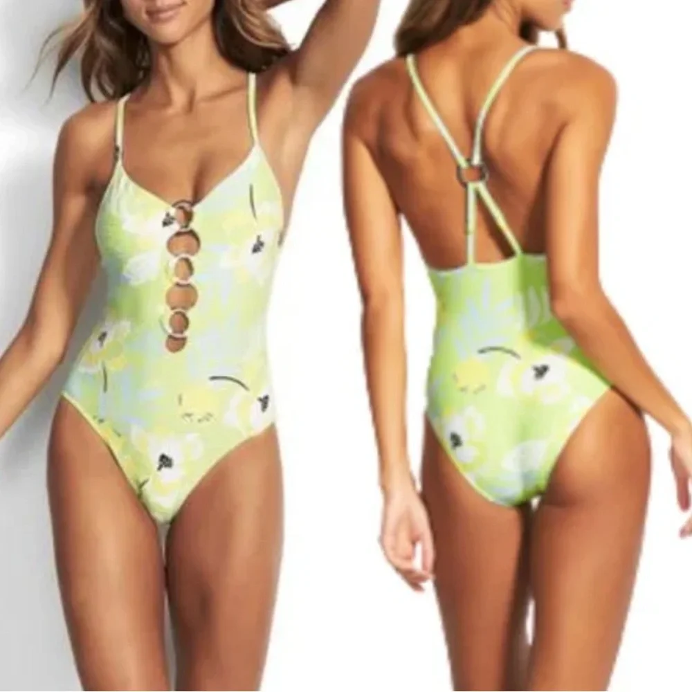NWOT Seafolly Ring Front Maillot On Vacation Limeade Floral One Piece Swimsuit